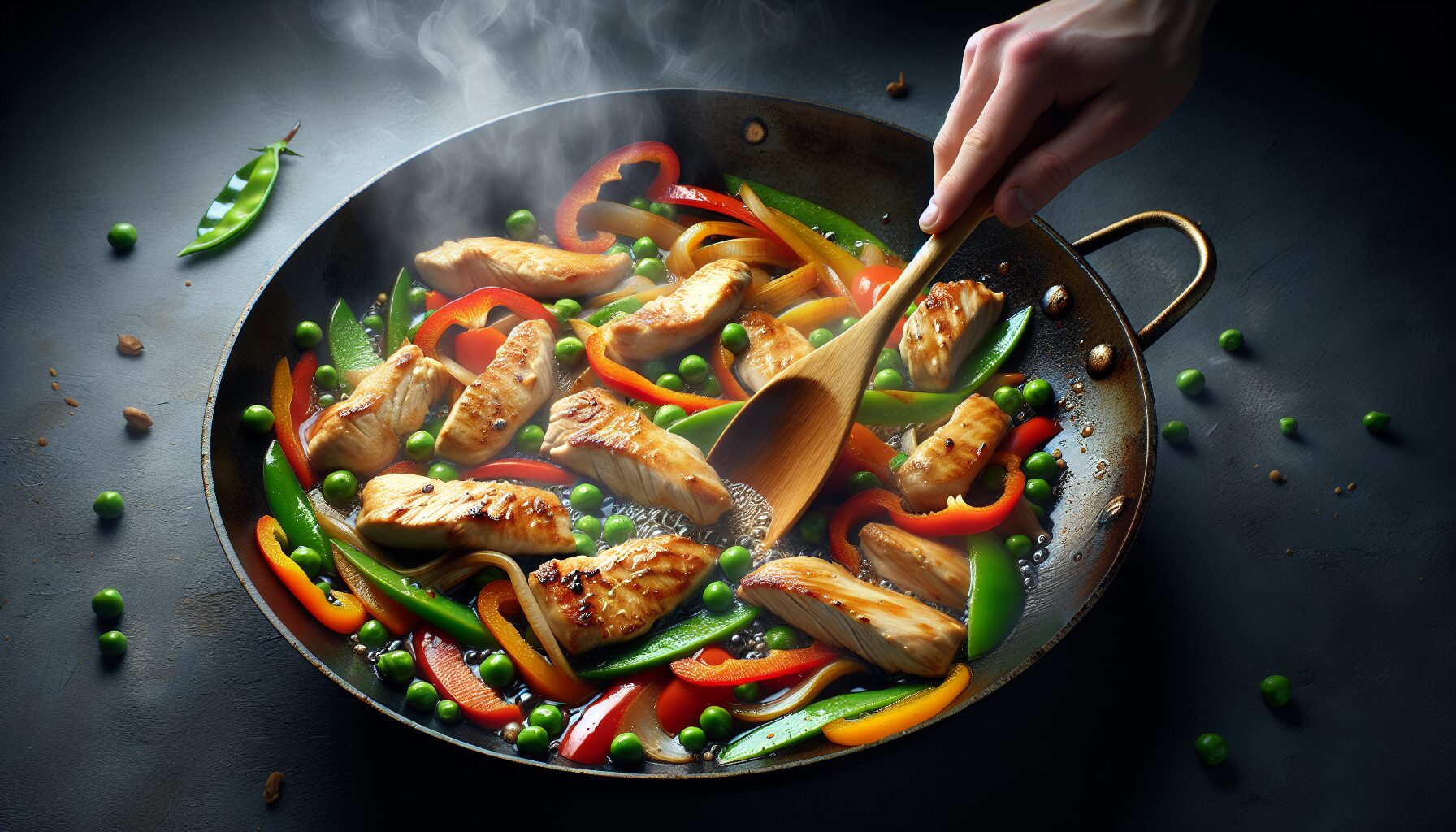 frying pan cooking stir fry with chicken strips frying pan cooking stir fry with chicken strips