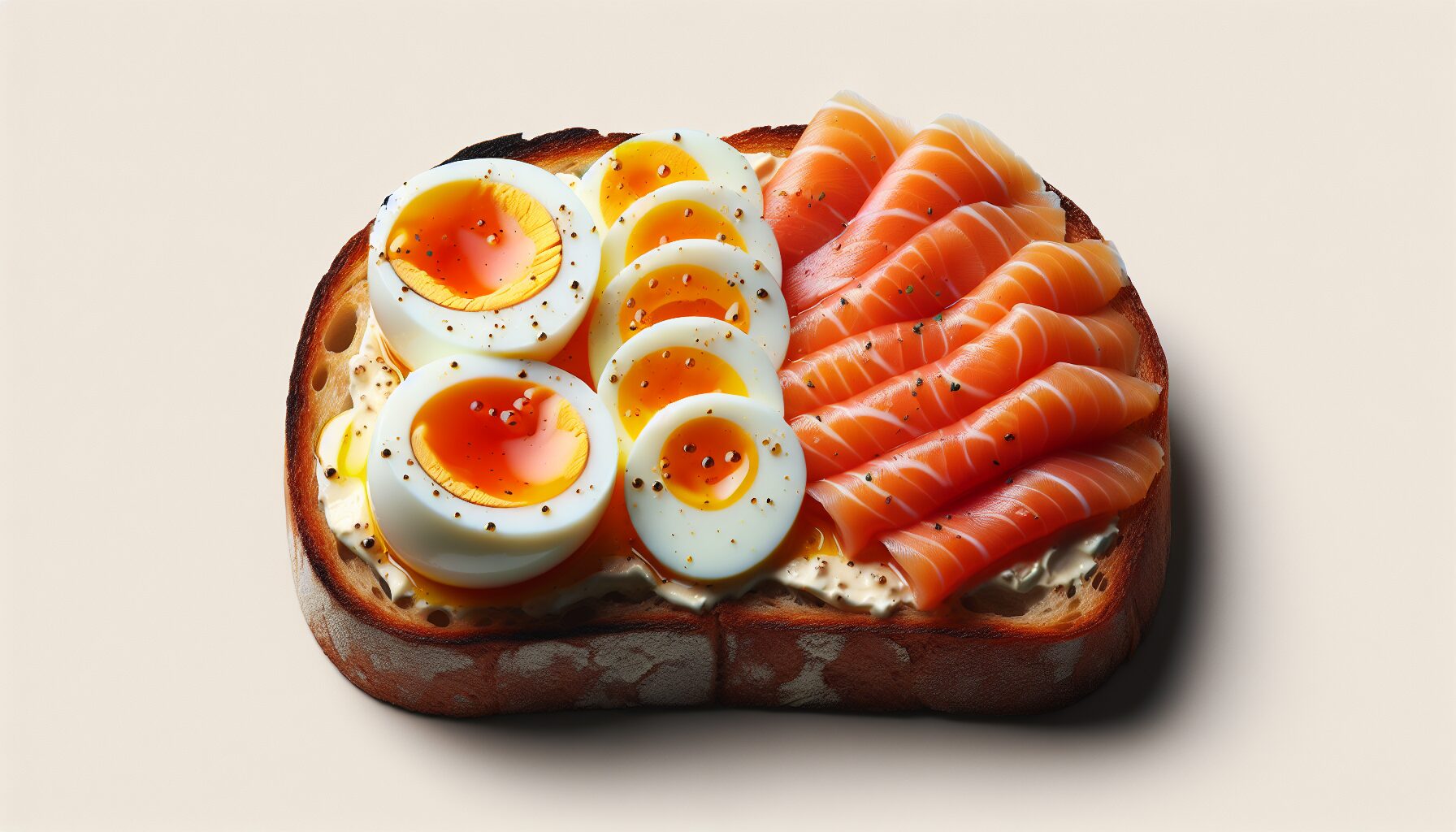 sliced boiled eggs on sourdough toast with salmon. choline rich food source sliced boiled eggs on sourdough toast with salmon.