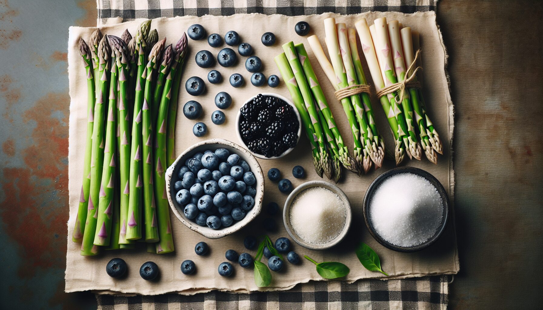asparagus, blueberries, sugar on a table asparagus, blueberries, sugar on a table
