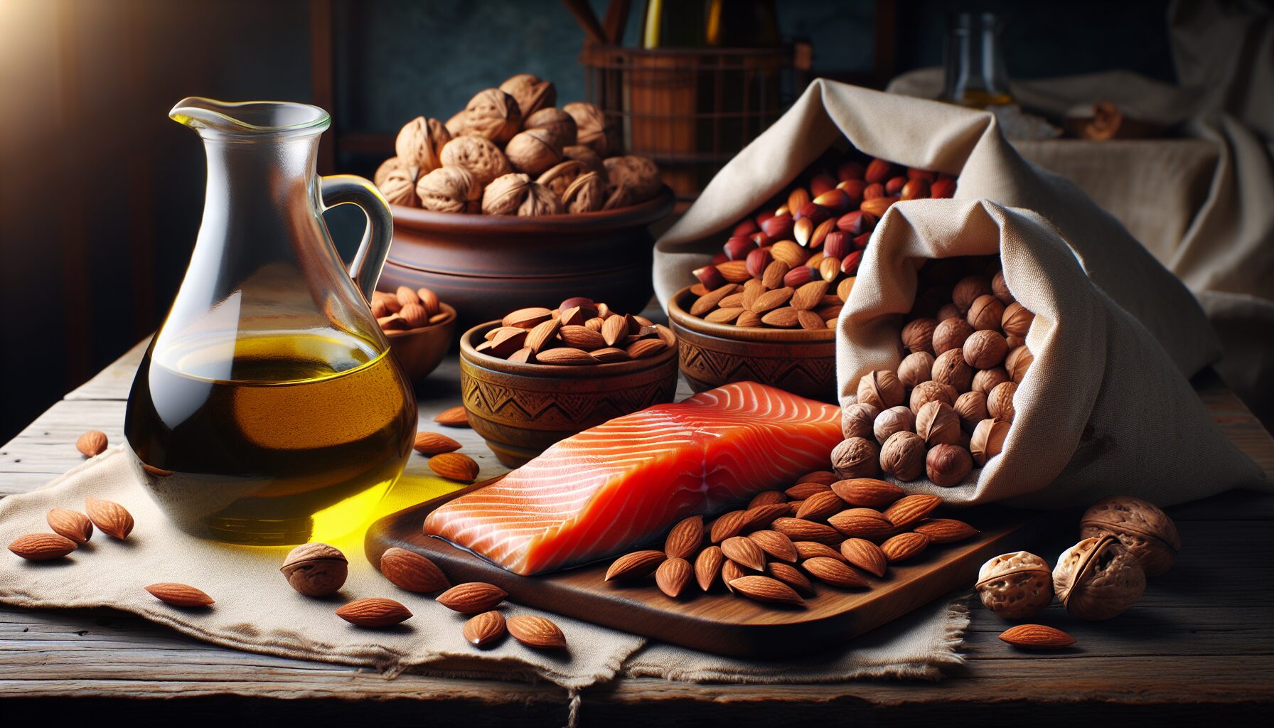 benefits of omega-3 oils on the skin, oil jug, smoked salmon, nuts on kitchen counter