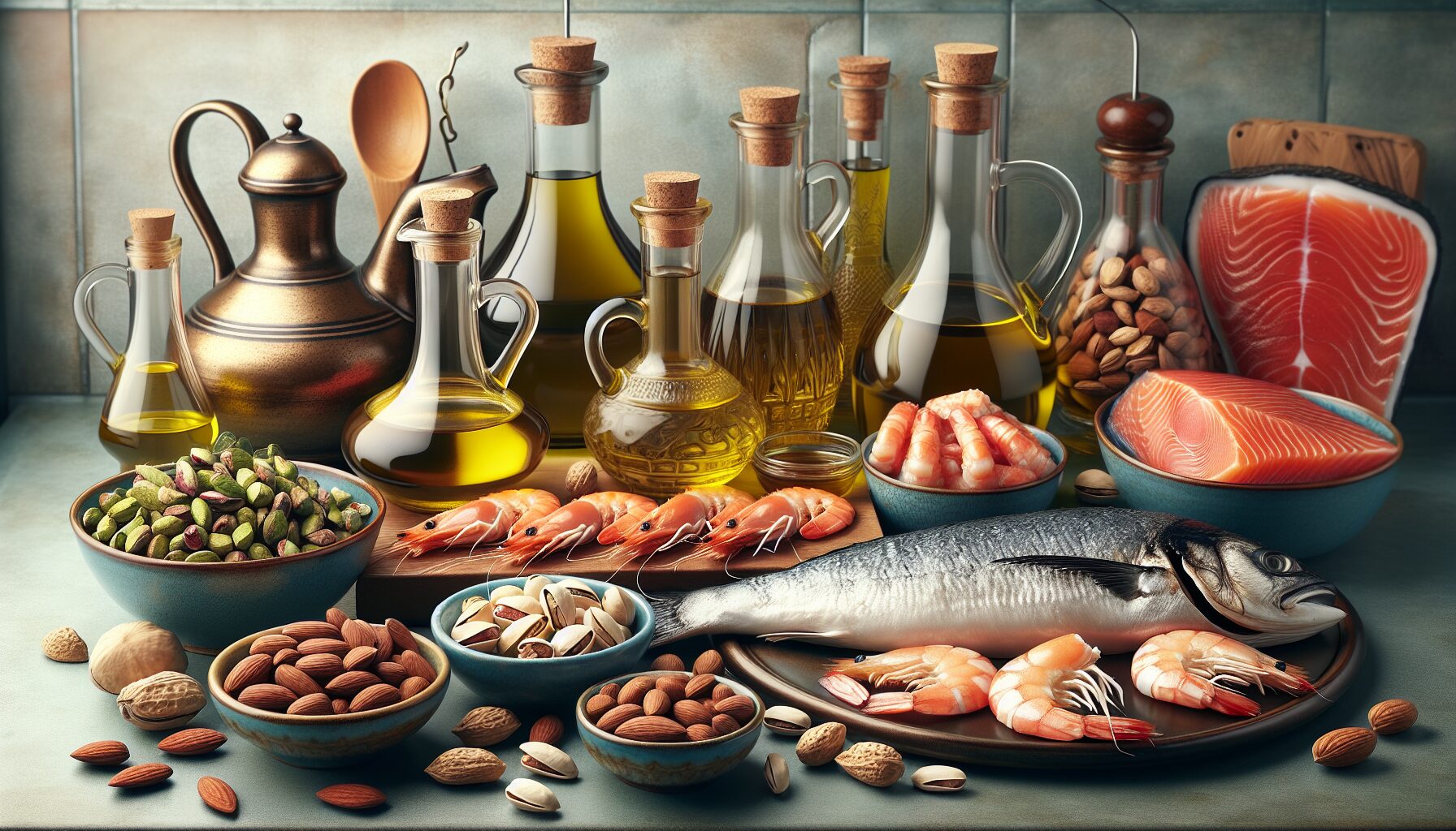 jugs of oils, nuts, grilled fish, shrimps and salmon on kitchen counter top jugs of oils, nuts, grilled fish, shrimps and salmon on kitchen counter top