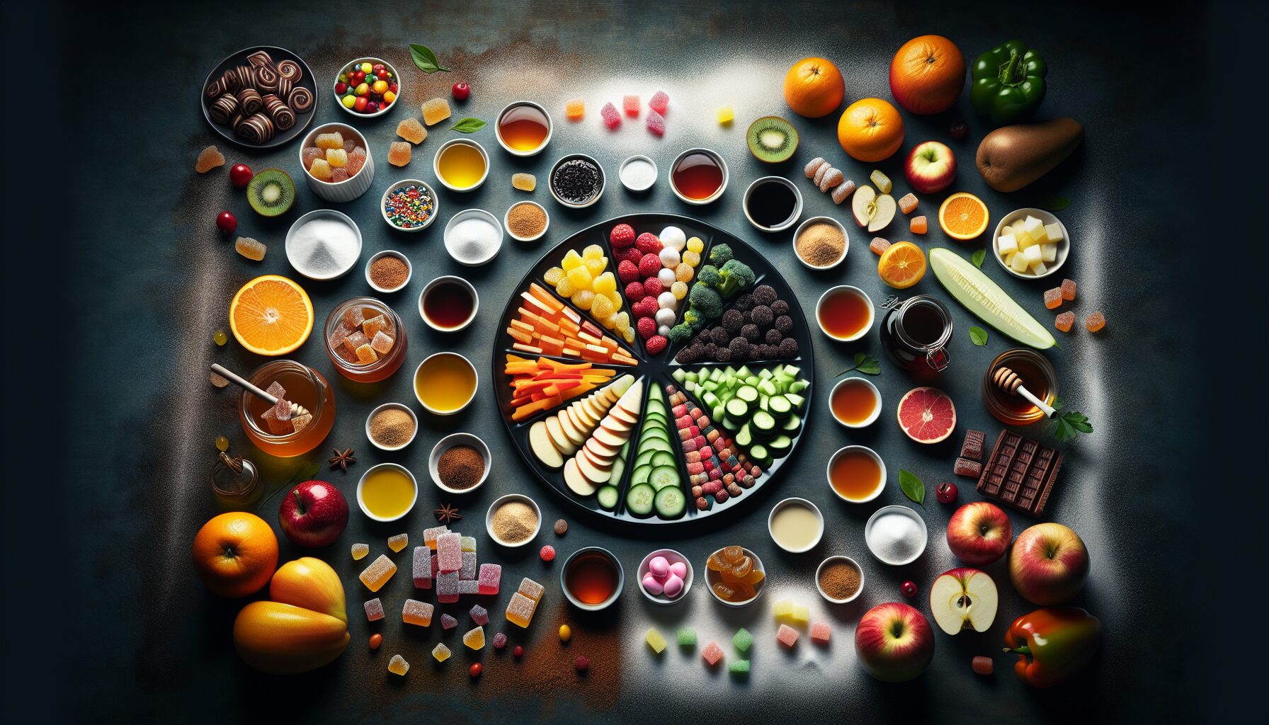 are artificial sweeteners bad for you? Collection of candies, sugar and sweeteners next to plate of sliced fruits and vegetables