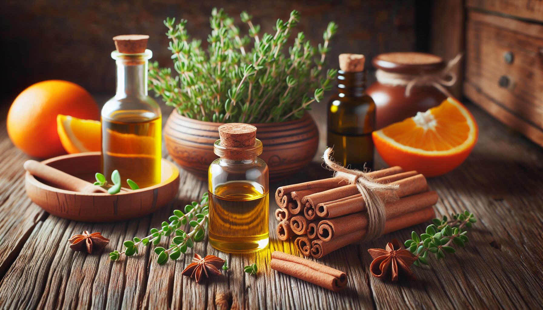 extract of thyme, oil, orange oil and cinnamon sticks
