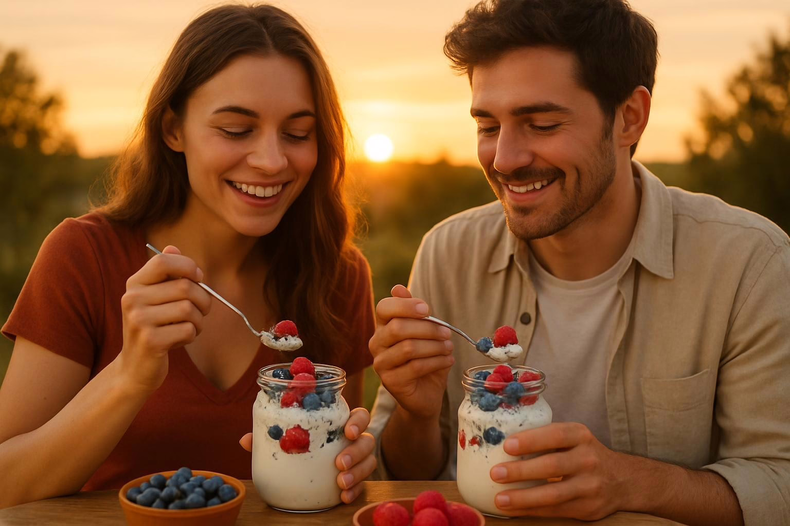 man and woman eating a greek yoghurt desert in a sunset setting outside with fruits and chia seeds on